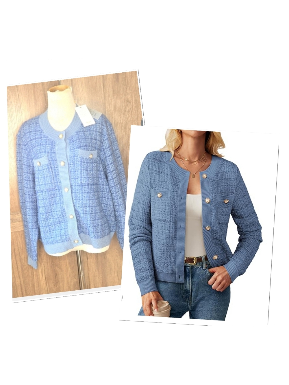 Grace Karin Blue Tweed Knit Cardigan Jacket Gold Button 2X NWT